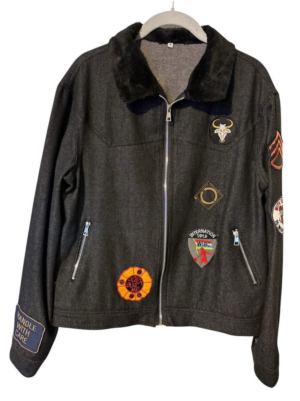Black Patch-Embellished Women's Zip Jacket with Faux Fur Collar
